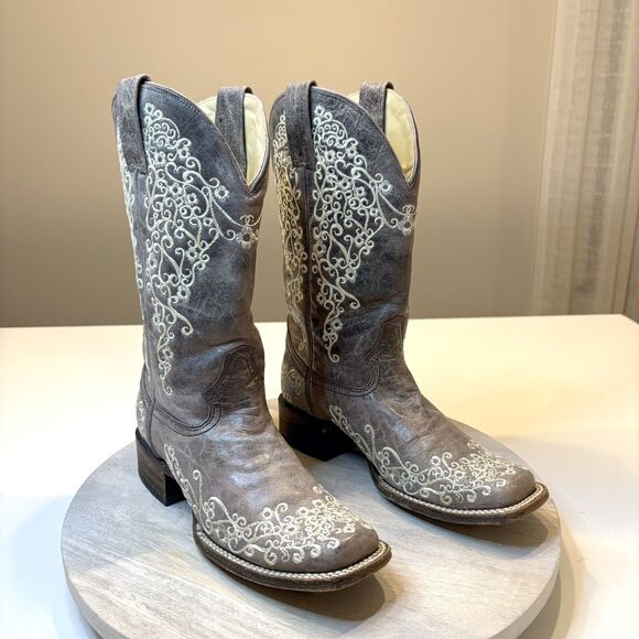 Corral Brown Leather Crater Bone‎ Embroidery Snip Toe Cowboy Boots US Size 8 M